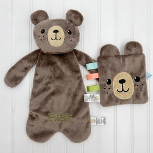 Bear lovey for baby, My First Teddy Bear Baby Gift set, personalized animal lovey for toddler, baby crinkle toy, baby snuggler for baby boy