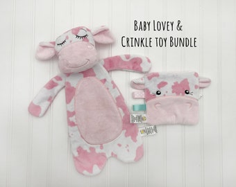 Cow Baby Lovey, Girl Baby Shower Gift, Cow baby gift, Baby gift set, Personalized baby lovey, baby crinkle toy, personalized lovey for baby