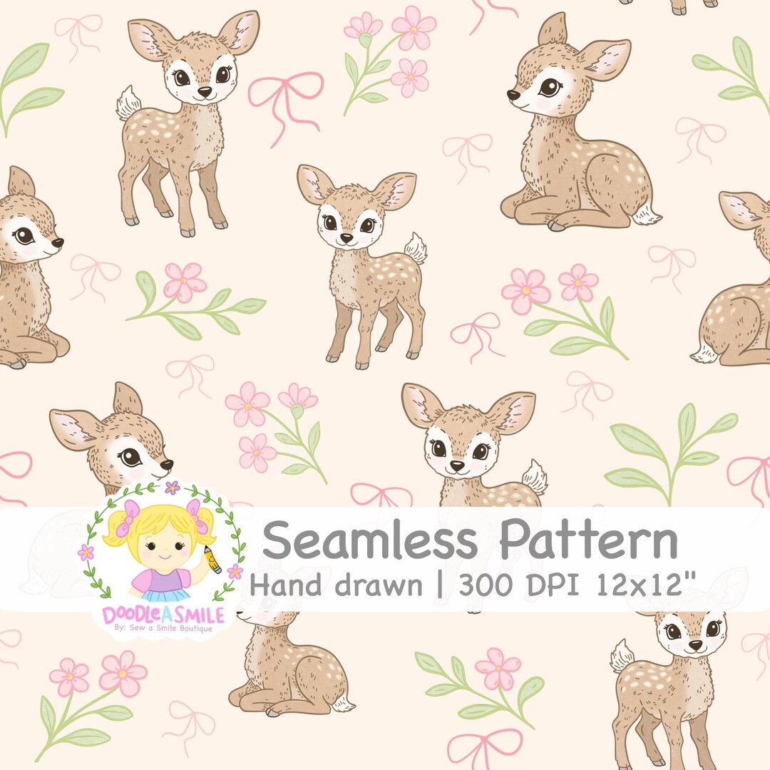 Cute Spring Fawn Seamless Pattern PNG for Fabric, Woodland Fawn Digital ...