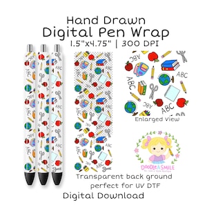Puede incluir: Diseño digital de envoltura de bolígrafo con temática escolar. El diseño presenta manzanas, lápices, tijeras, globos terráqueos, libros y las letras ABC. La envoltura del bolígrafo mide 3,8 cm x 12,1 cm.