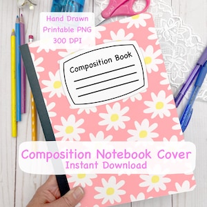 Coral Floral Composition book cover printable PNG for commercial use, cute daisy design for composition notebook covers, printable cover