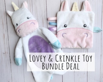personalized unicorn lovey baby crinkle toy unicorn baby shower gift set, unicorn gifts for girls, 1st birthday gift for baby girl