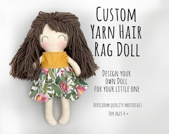 personalized baby doll with yarn hair, granddaughter gifts from nana, custom look alike doll handmade, rag doll for girls, baptism gift girl