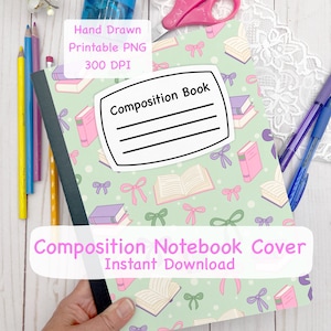 Bookish Composition book cover printable PNG for girls, coquette book design for composition notebook covers, printable cover for note
