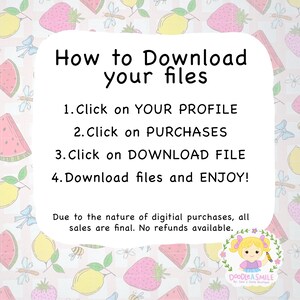 May include: White rounded sign with instructions: "How to Download your files." Steps include clicking on profile, purchases, and download file. The sign is surrounded by a pattern of strawberries, lemons, and watermelon slices. The bottom of the sign says "Due to the nature of digital purchases, all sales are final. No refunds available."