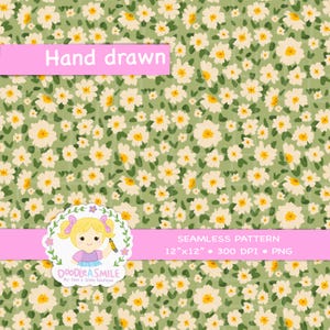 Könnte beinhalten: Nahtloses Blumenmuster mit handgezeichnetem Design. Das Muster zeigt weiße und gelbe Blumen auf grünem Hintergrund. Der Text "Hand drawn" steht auf einem rosa Banner. Das Muster ist 30,48 cm x 30,48 cm und 300 DPI.