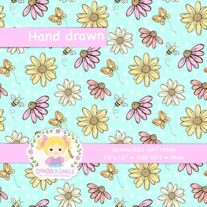 May include: Seamless pattern featuring hand-drawn flowers, butterflies, and bees on a light blue background. The design includes yellow, pink, and white flowers, with the text "Hand drawn" and "Seamless Pattern" displayed on a pink banner. The pattern is 12"x12".