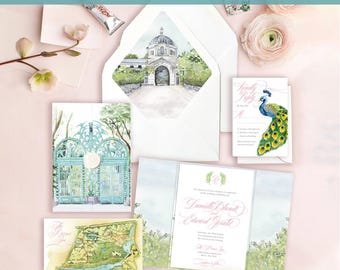 May include: A custom wedding suite featuring hand-painted watercolor illustrations. Includes an envelope with a building illustration, a gate-fold invitation with calligraphy, a peacock RSVP card, and a map card, all accented with pink flowers.