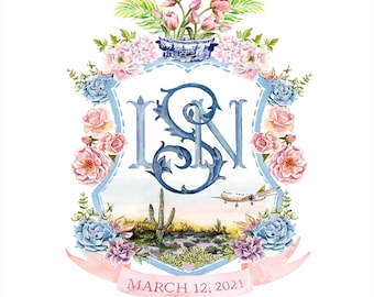 May include: A watercolor crest featuring the letters LS and N in dark blue, surrounded by pink flowers, blue succulents, and green foliage. The center depicts a desert landscape with a saguaro cactus and an airplane. A pink banner reads MARCH 12, 2021.