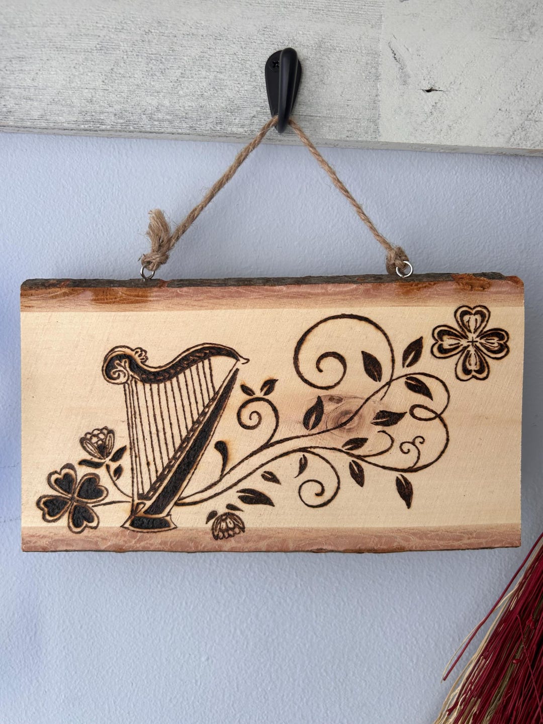 Harp Sign Wood Burned Irish Harp Sign | Celtic, Shamrock Wall Art, Rustic Decor ...