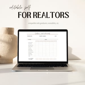 May include: A laptop computer displaying a printable spreadsheet titled "Seller's Net Proceeds" with columns for expenses, offers, and dates. The spreadsheet is designed for real estate agents to calculate the net proceeds for a property sale.