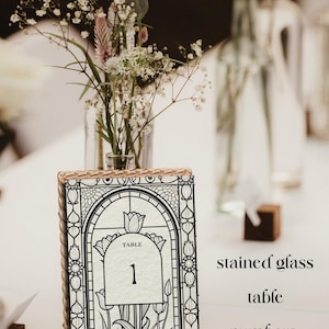 Stained Glass Wedding Table Numbers – Garden Party Black White - Digital Download (Canva Edit)