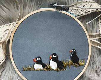 Embroidery Hoop Art, "Puffins"