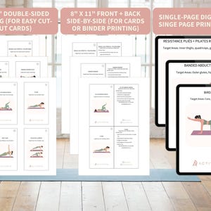 May include: White exercise cards and digital printables with fitness illustrations. The cards are 8" x 11" and feature double-sided and front/back printing options. Digital printables are also available. The cards and printables show various exercises with target areas.