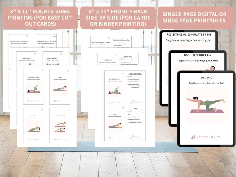 May include: White exercise cards and digital printables with fitness illustrations. The cards are 8" x 11" and feature double-sided and front/back printing options. Digital printables are also available. The cards and printables show various exercises with target areas.