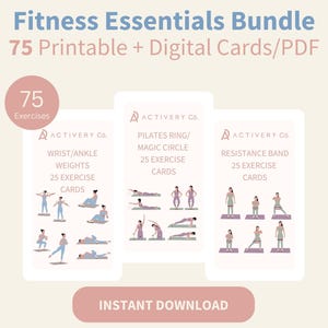 Lot imprimable Fitness Essentials : anneau de Pilates, bande de résistance et cartes d'exercices pour poids poignet/cheville | 75 exercices au total | Téléchargement numérique