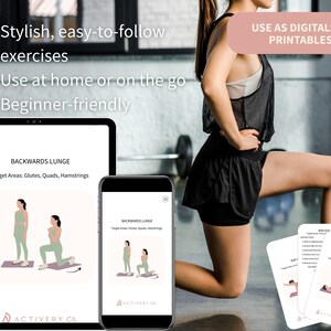 May include: Image of a woman demonstrating a backwards lunge exercise. The image includes a tablet and smartphone displaying exercise instructions, along with exercise cards. Text on the tablet and phone reads "BACKWARDS LUNGE" and "Target Areas: Glutes, Quads, Hamstrings."
