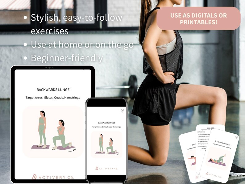 May include: Image of a woman demonstrating a backwards lunge exercise. The image includes a tablet and smartphone displaying exercise instructions, along with exercise cards. Text on the tablet and phone reads "BACKWARDS LUNGE" and "Target Areas: Glutes, Quads, Hamstrings."