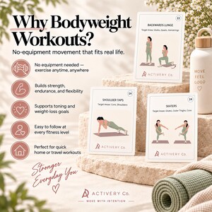 May include: A set of instructional fitness cards titled Why Bodyweight Workouts? featuring illustrations of exercises like Backwards Lunge, Shoulder Taps, and Skaters. The cards include text, icons, and the Activery Co. logo, alongside a water bottle.