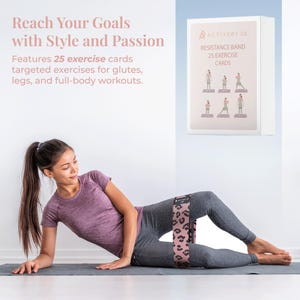 May include: A woman is using a pink leopard print resistance band during a workout. The image includes text that reads "Reach Your Goals with Style and Passion" and "Resistance Band 25 Exercise Cards."