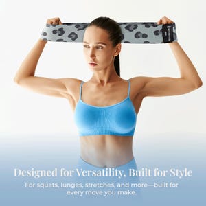 May include: A woman wearing a blue sports bra and holding a grey resistance band with black leopard print. The band has the text "ACTIVERY CO" printed on it. The text "Designed for Versatility, Built for Style" is at the bottom.