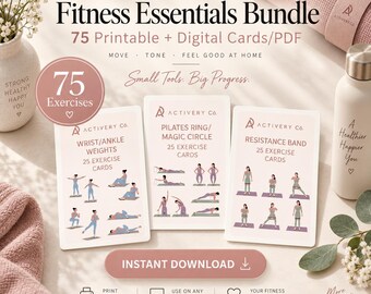 May include: A Fitness Essentials Bundle featuring 75 printable and digital exercise cards. The set includes three decks labeled Wrist/Ankle Weights, Pilates Ring/Magic Circle, and Resistance Band, each with 25 cards showing illustrated workout poses.