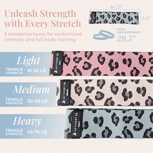 May include: Leopard print resistance bands in pink, tan, and blue-grey. The bands are labelled Light, Medium, and Heavy, with tensile strength measurements in pounds. The image also shows the band's dimensions in inches.