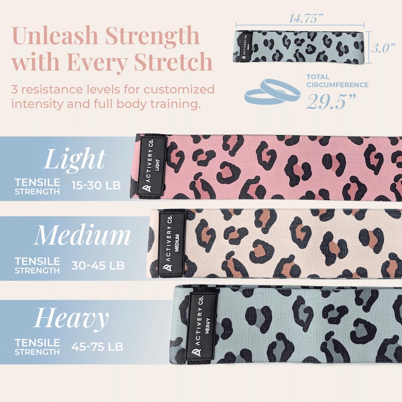May include: Leopard print resistance bands in pink, tan, and blue-grey. The bands are labelled Light, Medium, and Heavy, with tensile strength measurements in pounds. The image also shows the band's dimensions in inches.