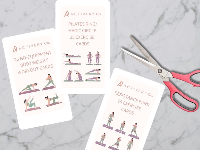 May include: Three exercise card sets with illustrations of workout moves. The cards are labeled "25 No-Equipment Body Weight Workout Cards", "Pilates Ring/Magic Circle 25 Exercise Cards", and "Resistance Band 25 Exercise Cards". A pair of scissors with red handles is also in the image.