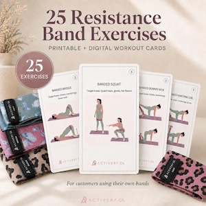 Peut inclure: Un ensemble de cartes d'exercices imprimables intitulées 25 Resistance Band Exercises, illustrant des mouvements comme les squats et ponts avec bandes. Les cartes sont présentées avec des bandes de résistance en tissu bleu, rose et léopard.