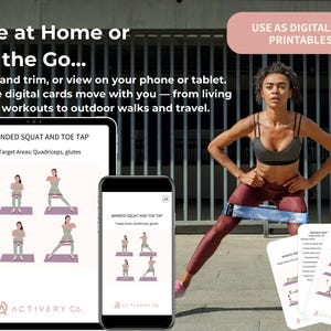 May include: Image features a woman demonstrating a banded squat exercise. Digital workout cards are displayed on a tablet, phone, and physical cards. Text on the cards reads "Banded Squat and Toe Tap" and "Use at Home or on the Go..."