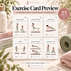 May include: A set of six exercise cards titled Exercise Card Preview by Activery Co. featuring illustrated movements like Backwards Lunge, Standing Kickbacks, Shoulder Taps, Skaters, Mountain Climbers, and Bodyweight Squat with target muscle areas.