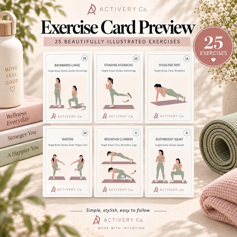 May include: A set of six exercise cards titled Exercise Card Preview by Activery Co. featuring illustrated movements like Backwards Lunge, Standing Kickbacks, Shoulder Taps, Skaters, Mountain Climbers, and Bodyweight Squat with target muscle areas.