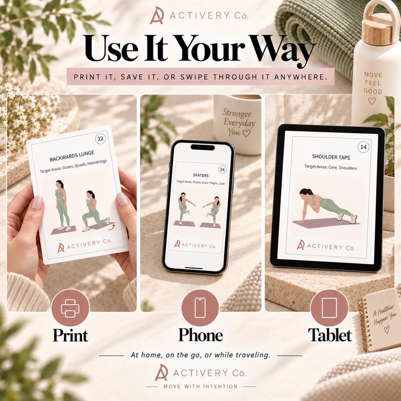 May include: A digital fitness guide displayed on a printed card, a smartphone, and a tablet. The content features exercise instructions like Backwards Lunge, Skaters, and Shoulder Taps with the Activery Co. logo. Text includes Use It Your Way.