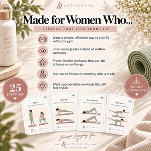 May include: A digital fitness guide titled Made for Women Who... Fitness That Fits Your Life, featuring 25 exercise cards with illustrations of squats, push-ups, glute bridges, and bird dogs. The layout includes icons, text, and branding for Activery Co.
