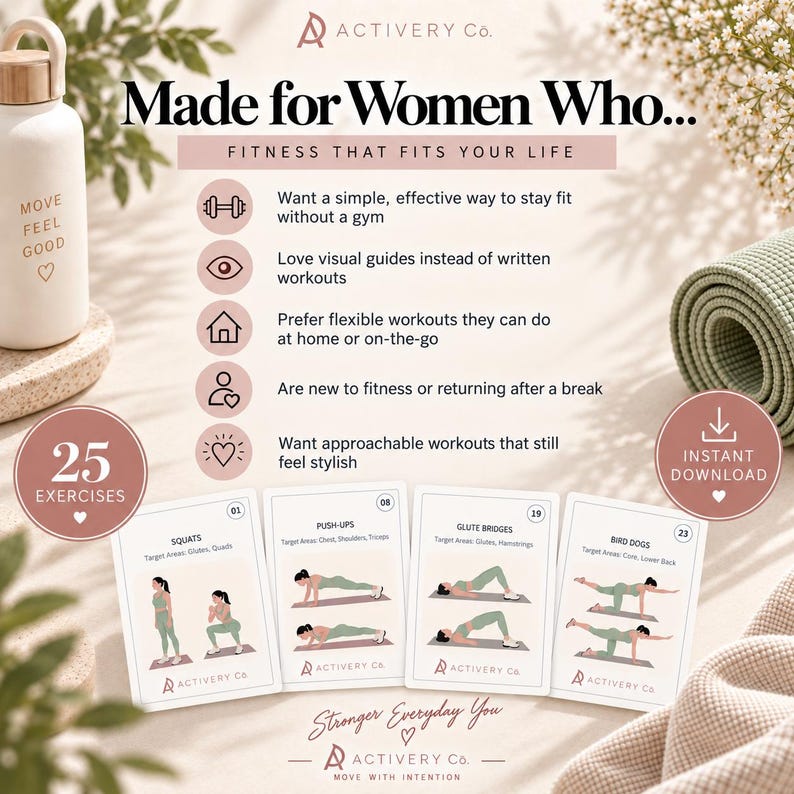 May include: A digital fitness guide titled Made for Women Who... Fitness That Fits Your Life, featuring 25 exercise cards with illustrations of squats, push-ups, glute bridges, and bird dogs. The layout includes icons, text, and branding for Activery Co.