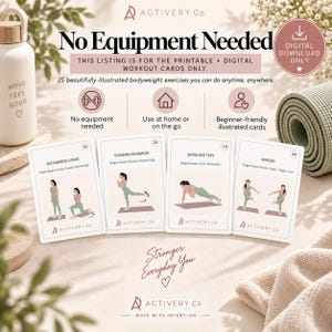 May include: A set of four printable workout cards featuring illustrated bodyweight exercises titled Backwards Lunge, Standing Kickbacks, Shoulder Taps, and Skaters. The cards include text detailing target areas and the Activery Co. logo.
