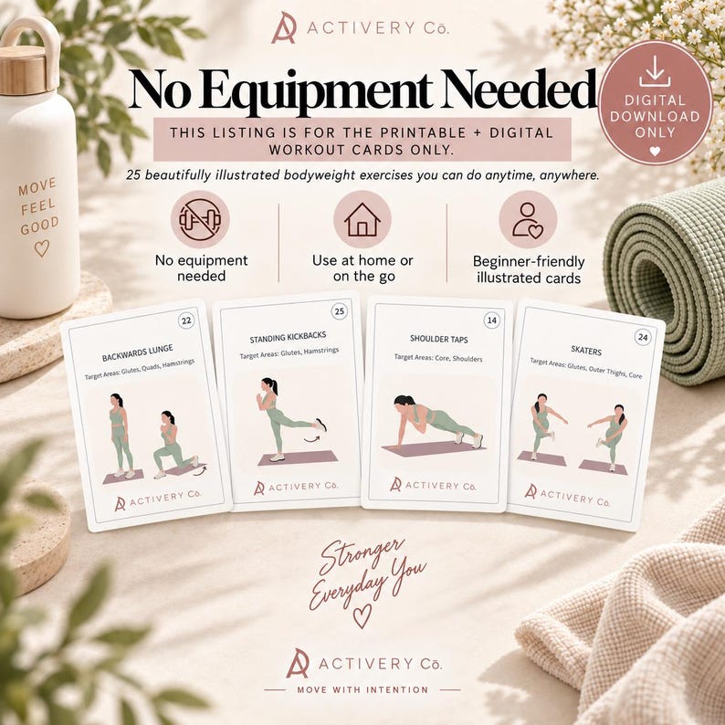 May include: A set of four printable workout cards featuring illustrated bodyweight exercises titled Backwards Lunge, Standing Kickbacks, Shoulder Taps, and Skaters. The cards include text detailing target areas and the Activery Co. logo.