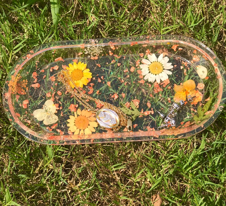Resin Jewelry Tray Rose Gold Leaf Dried Flowers Etsy