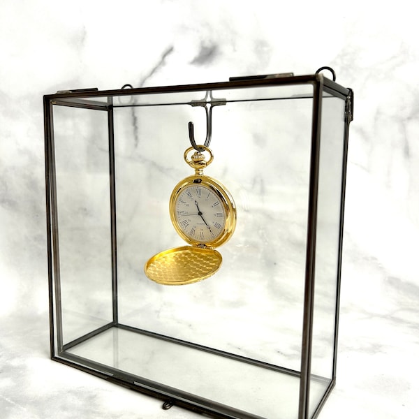 Personalized Pocket Watch Display Wall Hanging Clear Glass Box with hooks, 6x6, 8x8, 12x9 Shadow Box for Memory Display, Black or Gold