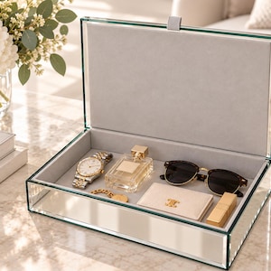 May include: A rectangular mirrored display box with a hinged lid and a light gray velvet interior lining. The box contains a silver and gold wristwatch, a glass perfume bottle, dark-rimmed sunglasses, a small beige card holder, and a gold lipstick.