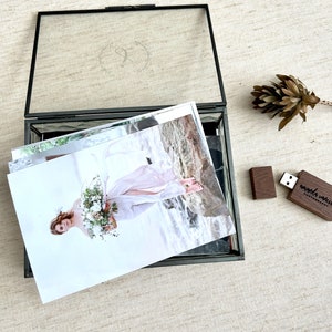 Glas Schmuckschatulle, Display-Andenken-Geschenk, antike Box, Foto-Aufbewahrung, graue rustikale personalisierte gravierte Box, Speicher Schmuckstück Ringe Armband