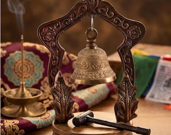 Gong tibetano artesanal para templo – Campana de meditación de latón de 20 cm, soporte ornamentado, decoración zen