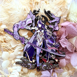 May include: Purple and silver enamel pin featuring a female anime character with long purple hair, wearing a detailed armor suit and holding a sword. The character is standing on a platform with a mechanical design.