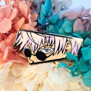 May include: A white and purple anime character with blue eyes and black sunglasses. The character is depicted in a cartoon style and is wearing a black and white outfit. The image is a close-up of the character's face.