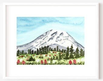 Mt Rainier Watercolor Painting: Wildflower Landscape Art Print