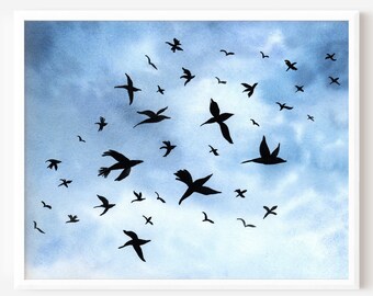 Birds in Flight Watercolor Giclée Art Print; Sparrow Nursery Decor
