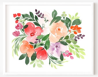 Floral Watercolor Giclee Art Print: Pink  Orange Wildflowers Wall Art