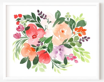 Floral Watercolor Art Print, Pink and Orange Wildflower Print, Modern Floral Print, Flowers Wall Art, Floral Watercolor Painting