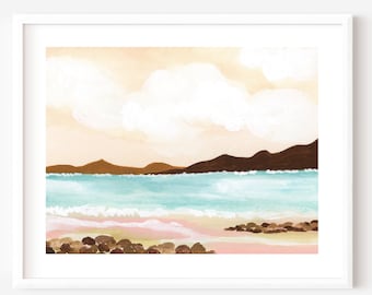 Rocky Beach Watercolor Fine Art Print: Salmon and Pink Beach Landscape